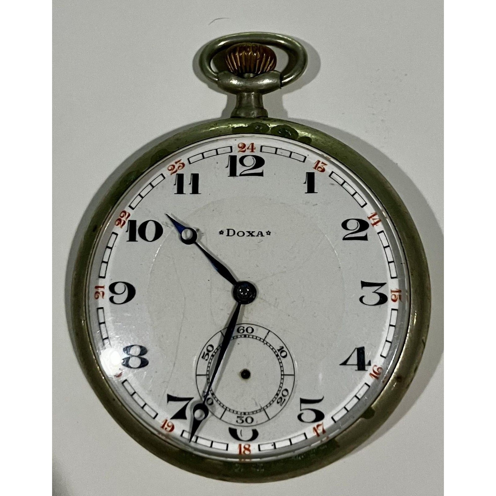 Vintage Doxa Pocket Watch Silver Plated White Enamel Manual Wind Railroad Dial